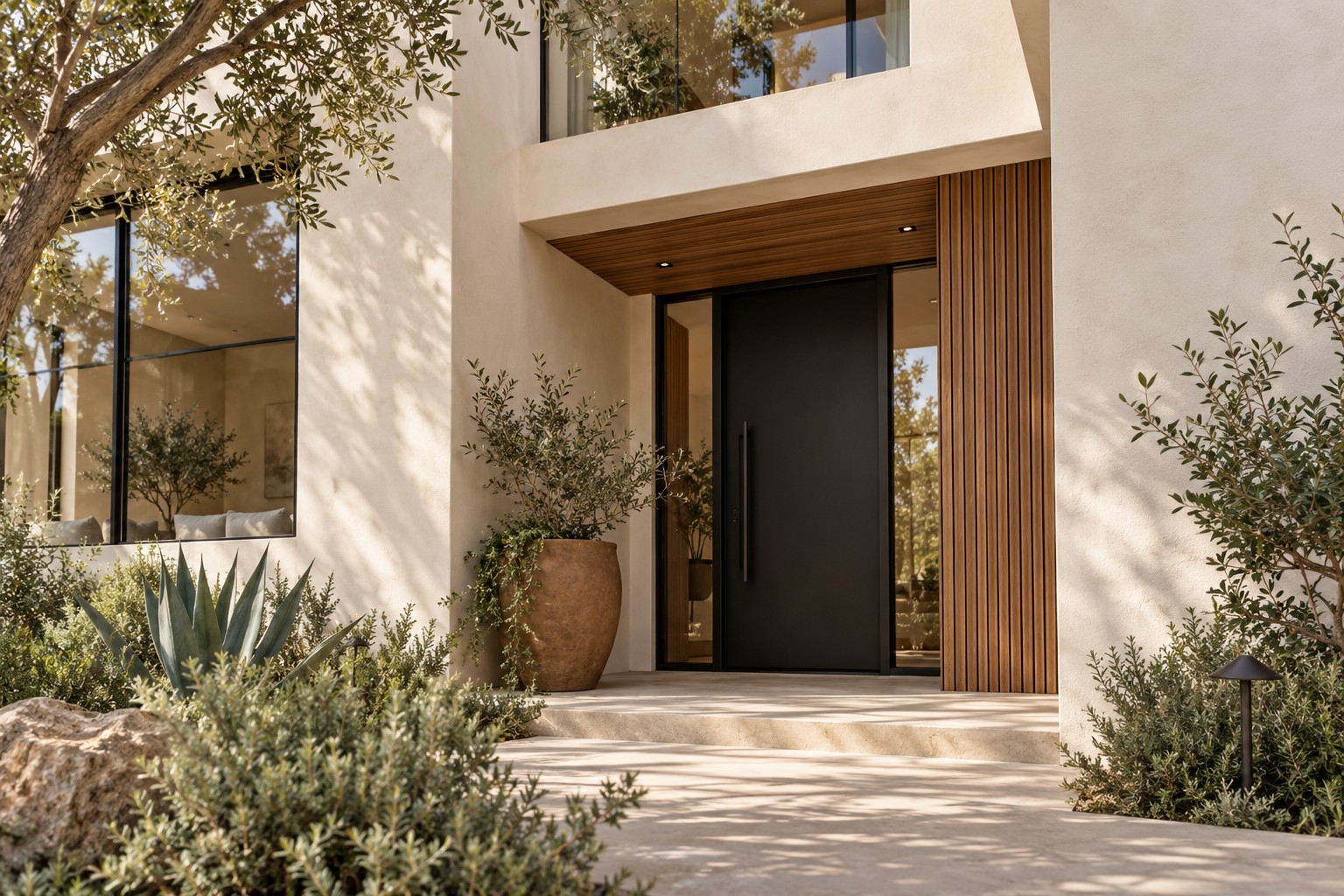 Modern stucco residence entrance detail design concept