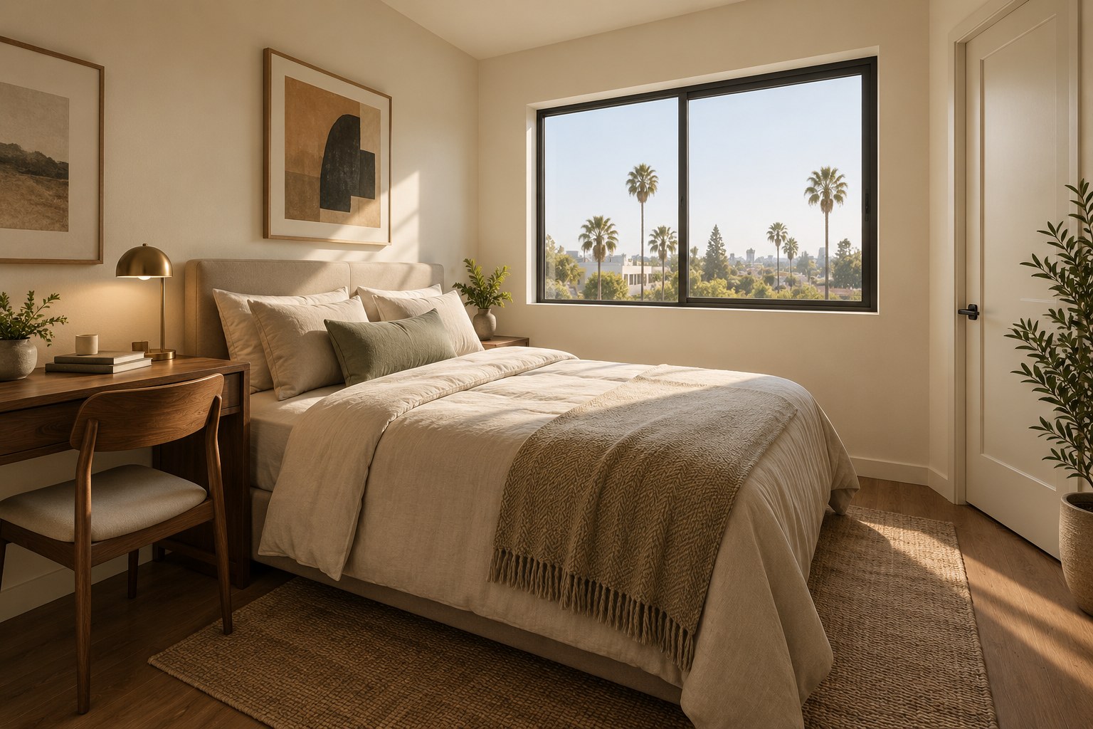 Design concept for a private bedroom with warm wood and natural light