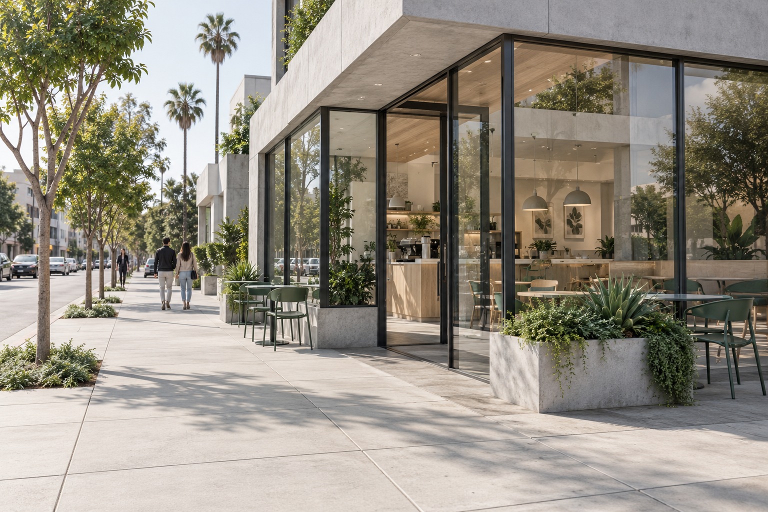 AI city-life concept of a modern glass-front cafe and pedestrian street; not a photograph of a nearby location