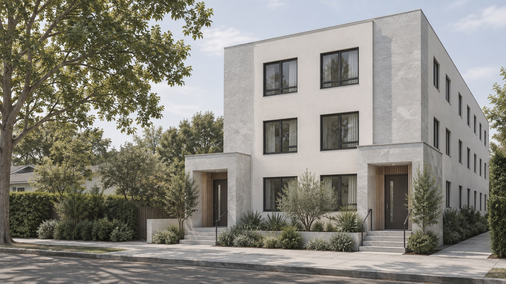 AI architectural concept of a compact three-story residence in neutral daylight; not a photograph of this property