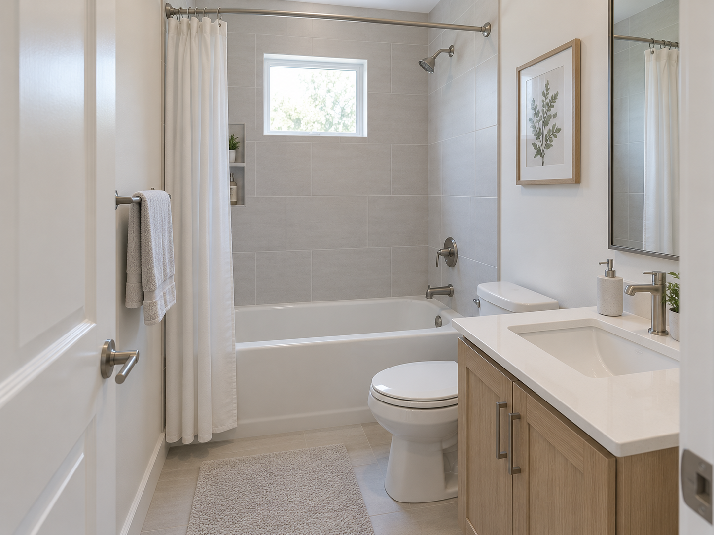 Compact en-suite bathroom design concept with a bathtub, sink and toilet; not an actual photograph