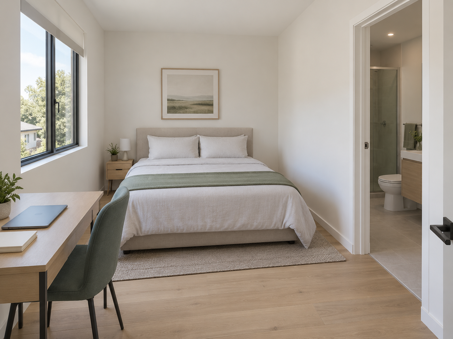 Private bedroom interior design concept based on a room plan; not an actual property photograph