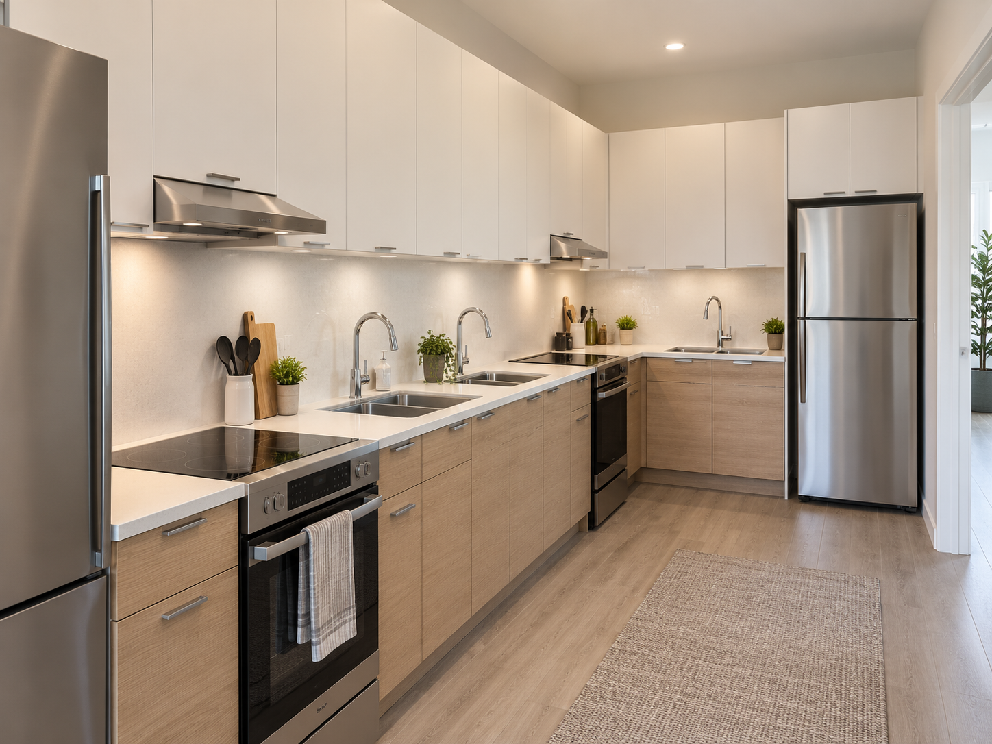 Shared kitchen interior design concept informed by the ground-floor plans; not an actual photograph