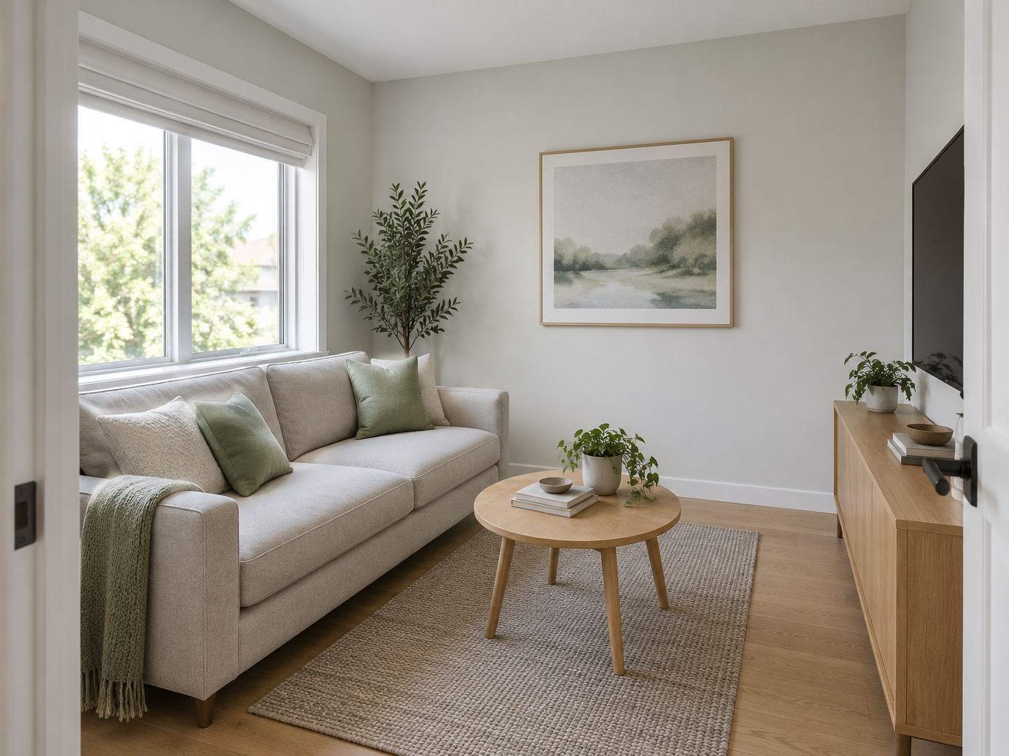 Compact shared family-room interior design concept informed by the upper-floor plans; not an actual photograph