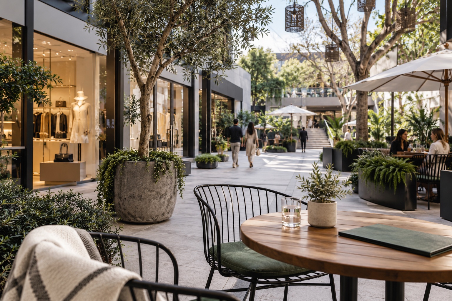 AI city-life illustration of a contemporary retail courtyard and cafe; not The Bloc photography