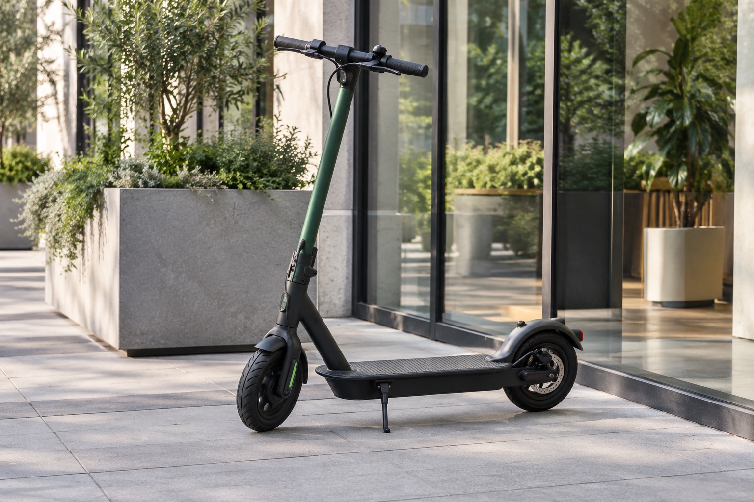 AI mobility illustration of a modern electric scooter on an urban sidewalk; not a USC or property photograph