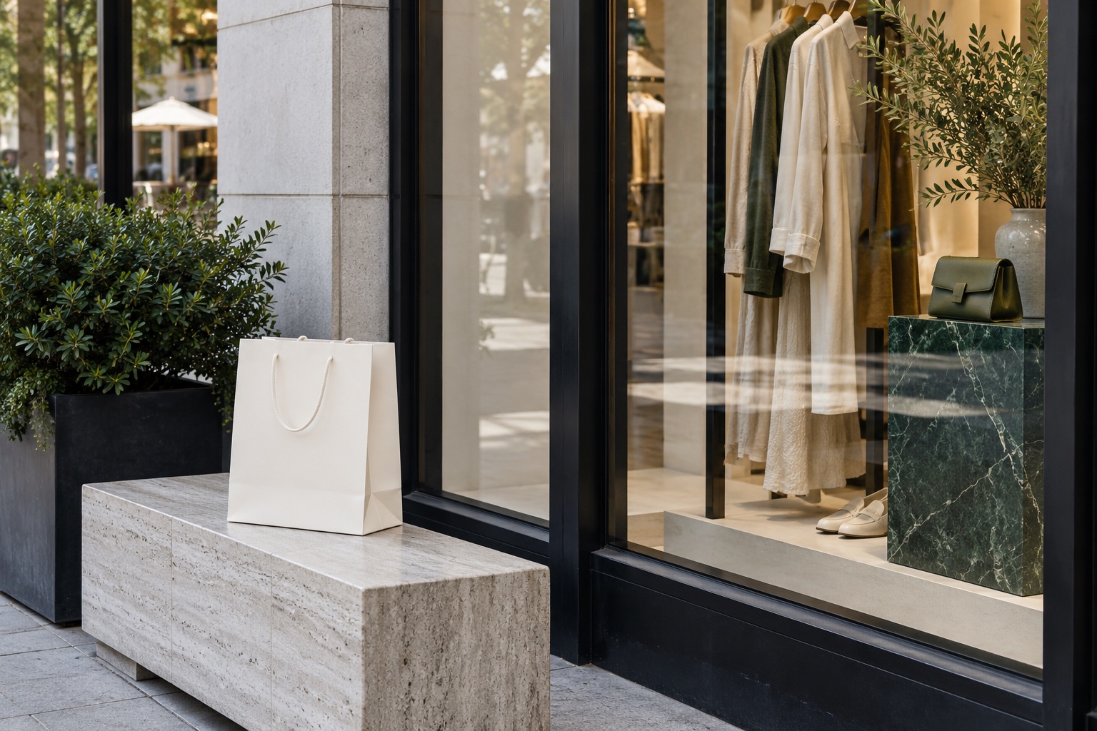 AI shopping illustration of a contemporary boutique window and shopping bag; not FIGat7th photography