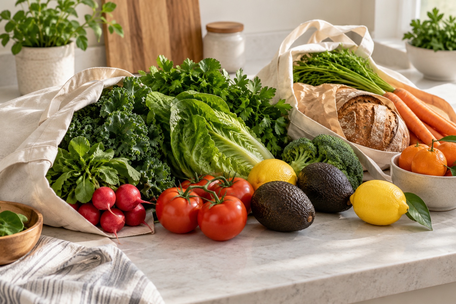 AI grocery illustration of fresh produce and reusable shopping bags; not a Food 4 Less store photograph