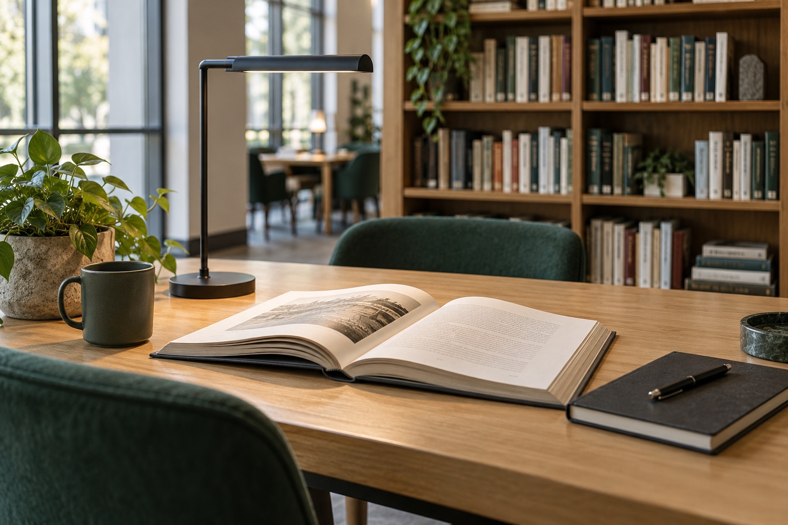 AI reading illustration of a library table, books and daylight; not Bethune Library photography
