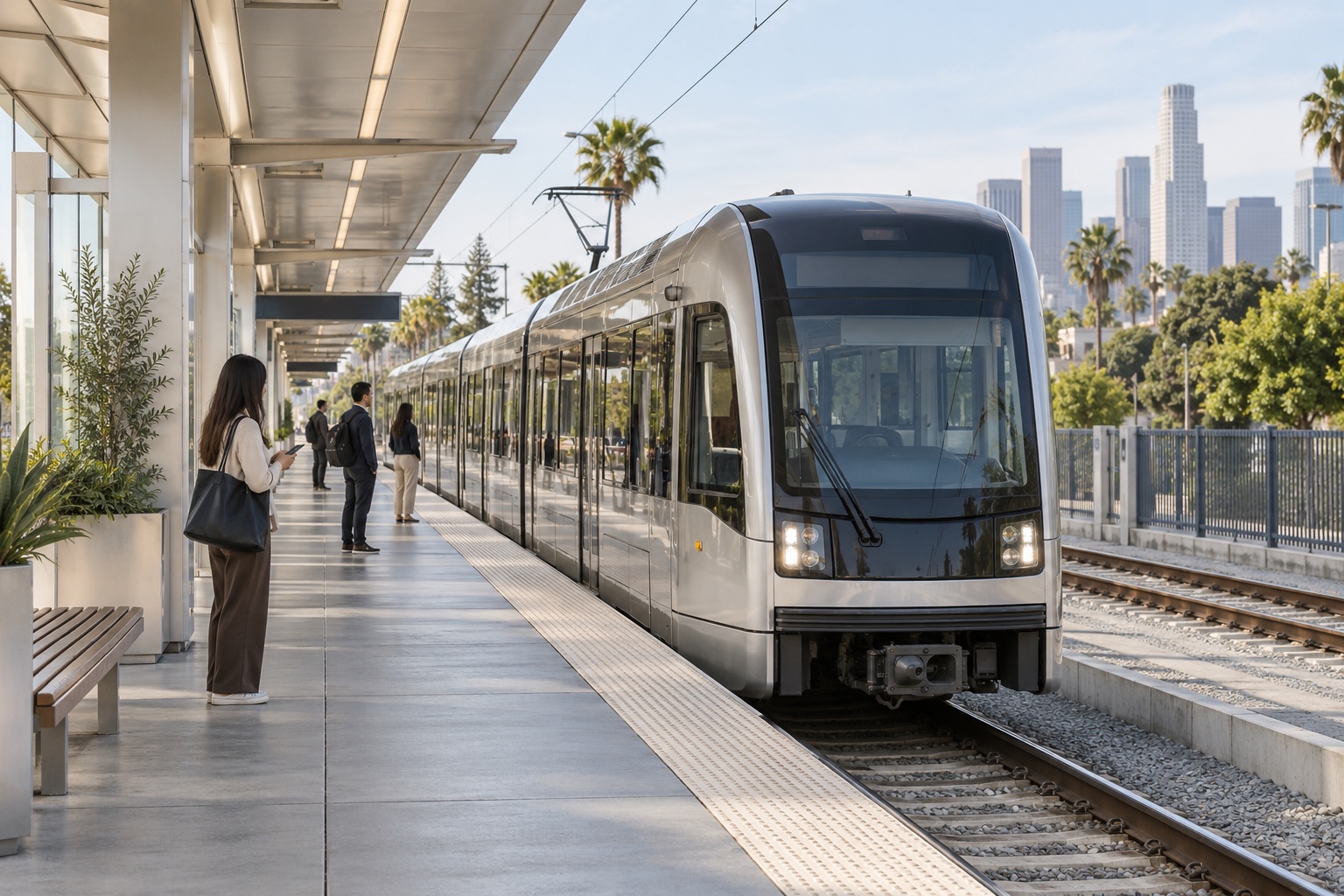 AI transport illustration of a light-rail train and urban platform; not Expo/Western station photography