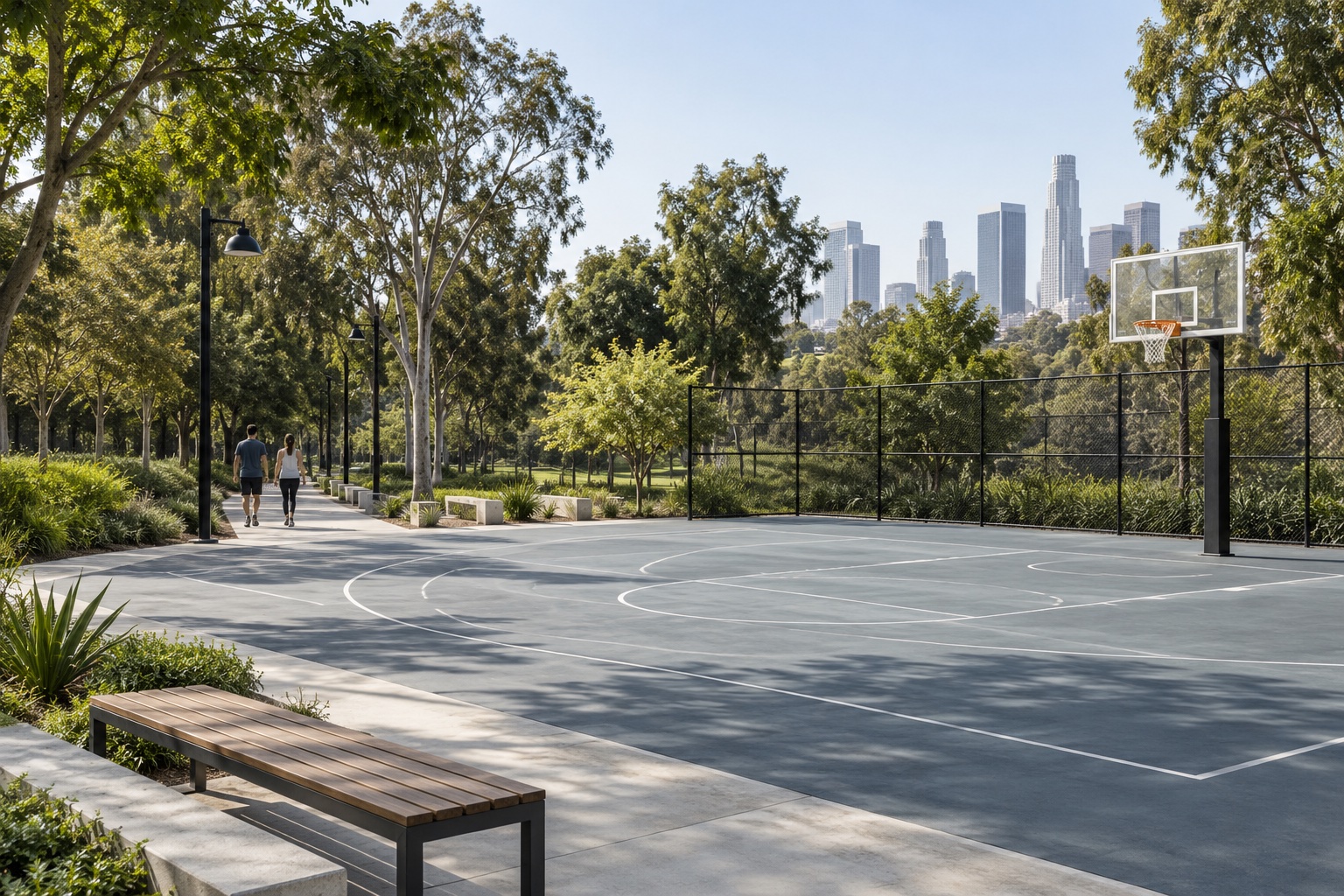 AI recreation illustration of an urban sports court and park setting; not Denker Recreation Center photography