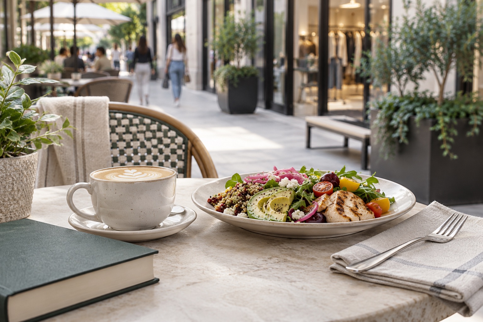 AI lifestyle illustration of coffee, a meal and a book on an urban shopping terrace; not USC Village photography