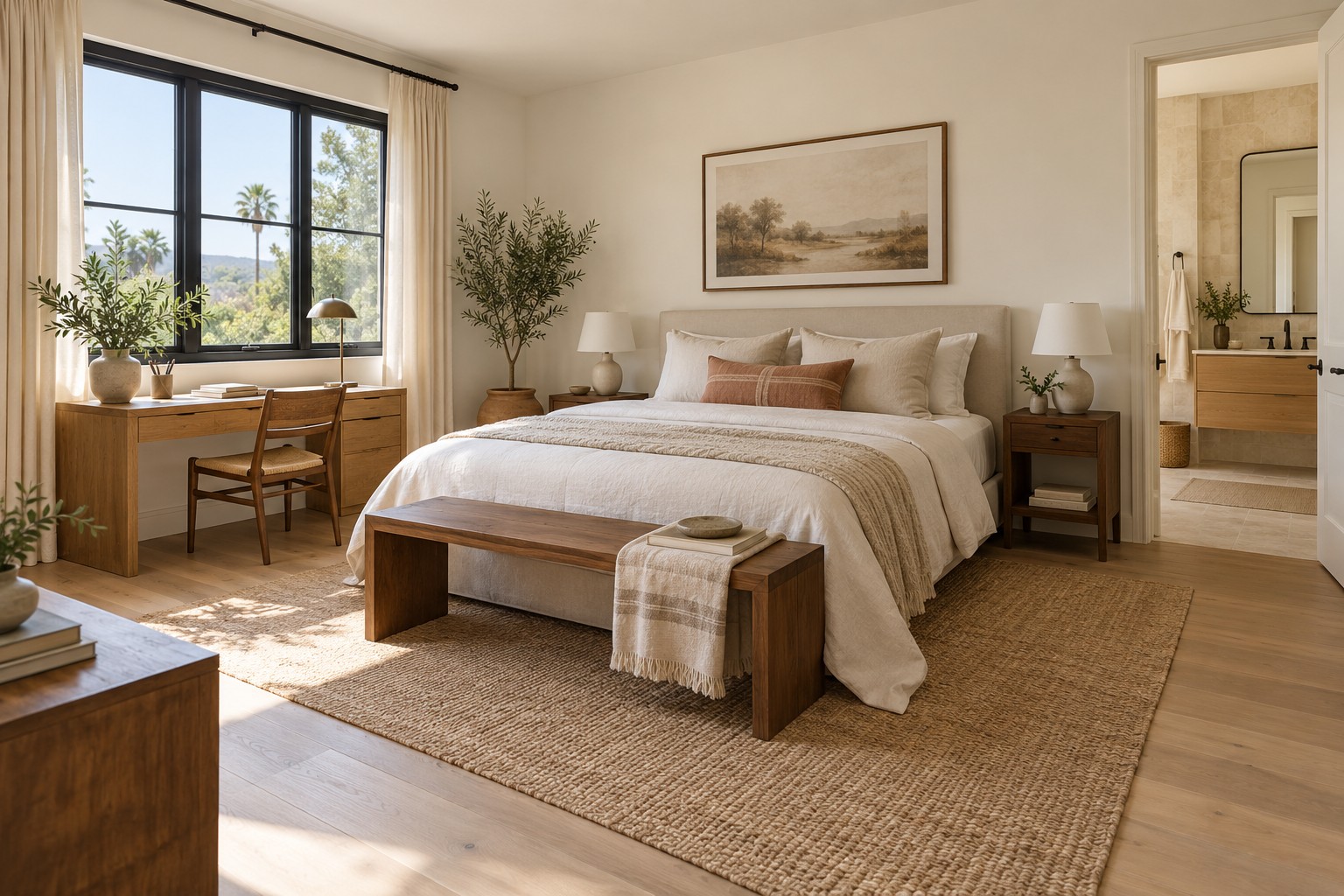 Private bedroom with desk and en-suite doorway design concept