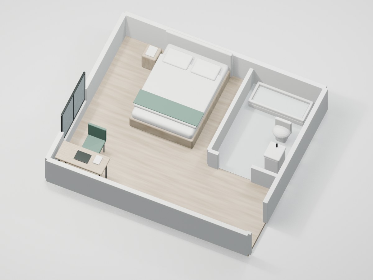 U1-F1-01 proportional 3D room illustration with illustrative furniture and finishes