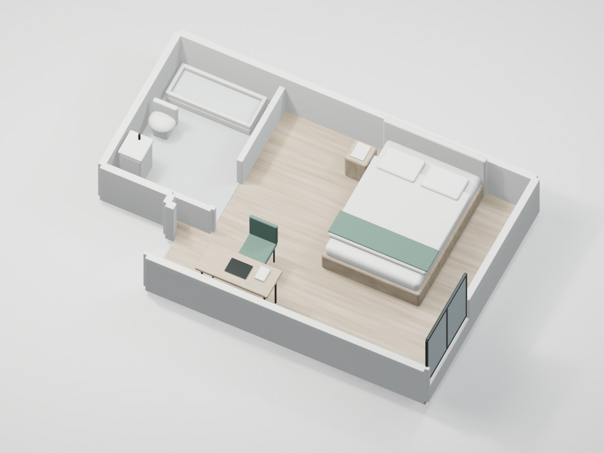 U1-F1-02 proportional 3D room illustration with illustrative furniture and finishes