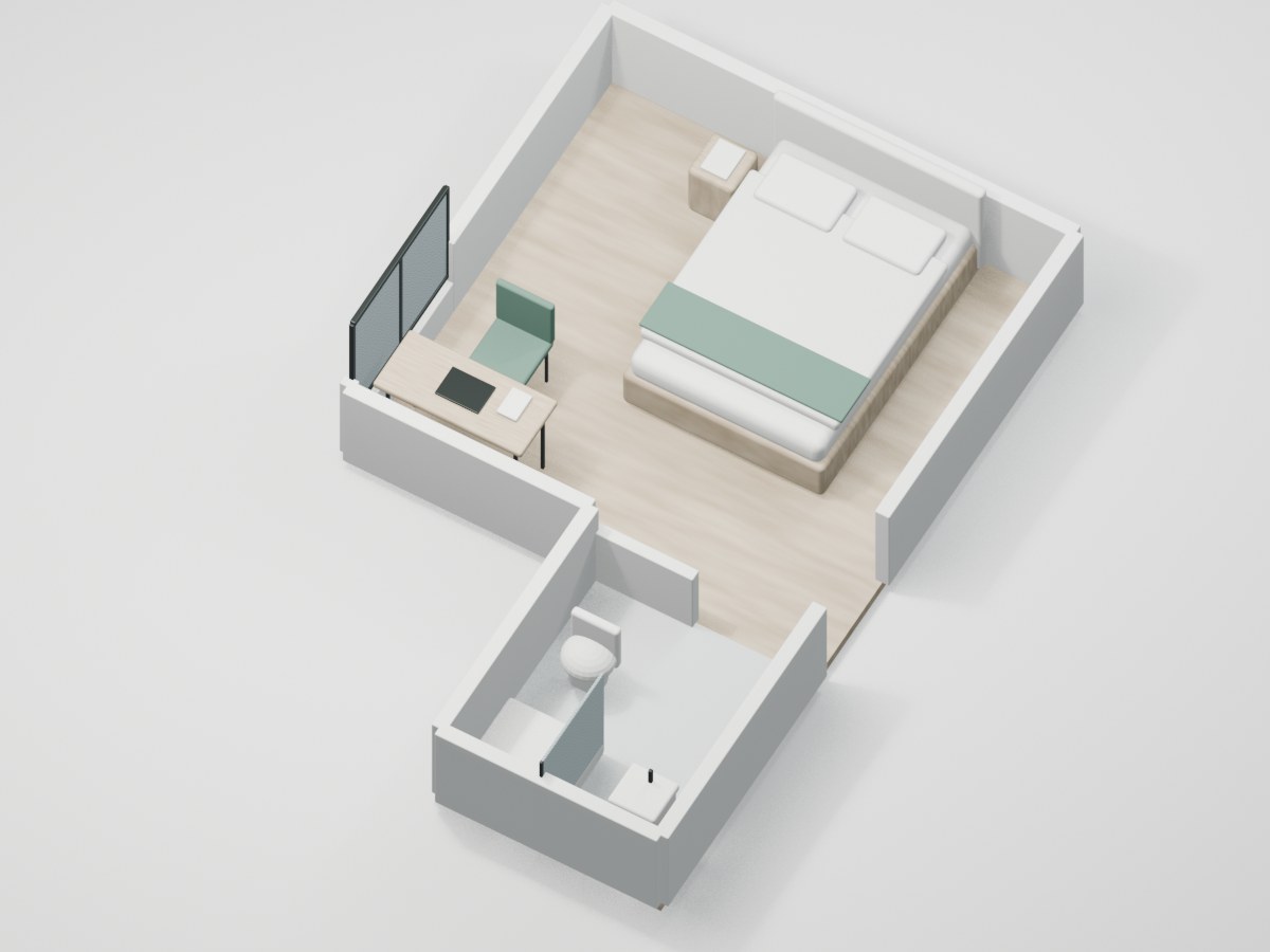 U1-F2-01 proportional 3D room illustration with illustrative furniture and finishes