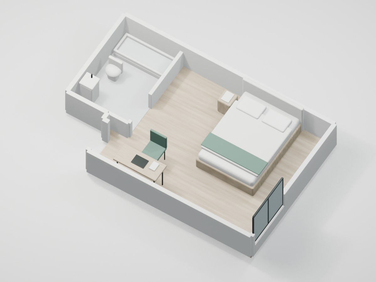 U1-F2-02 proportional 3D room illustration with illustrative furniture and finishes
