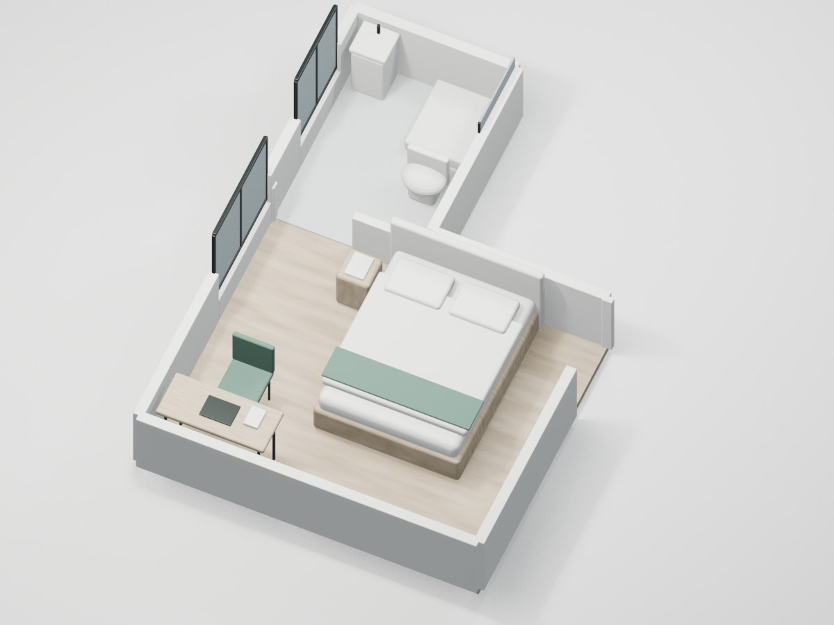 U1-F2-03 proportional 3D room illustration with illustrative furniture and finishes