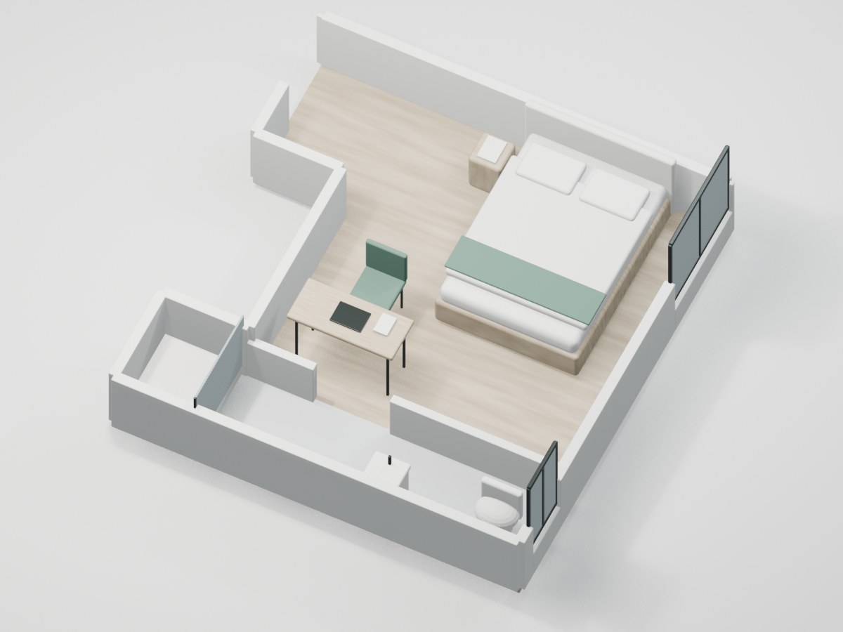 U1-F2-04 proportional 3D room illustration with illustrative furniture and finishes