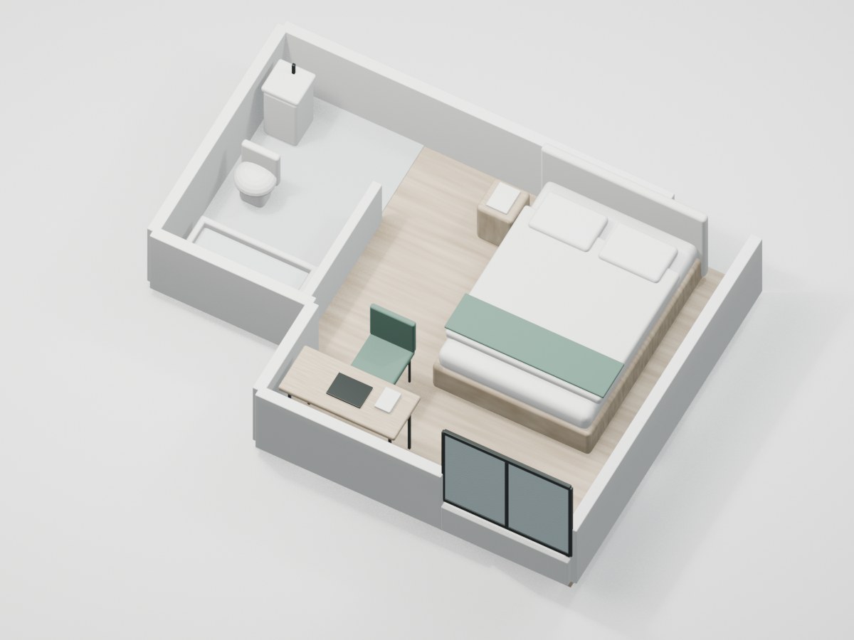U1-F2-05 proportional 3D room illustration with illustrative furniture and finishes