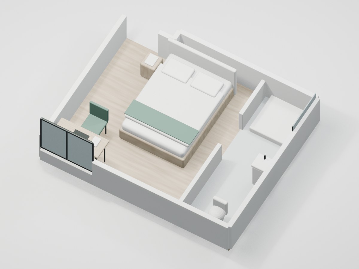 U1-F2-06 proportional 3D room illustration with illustrative furniture and finishes