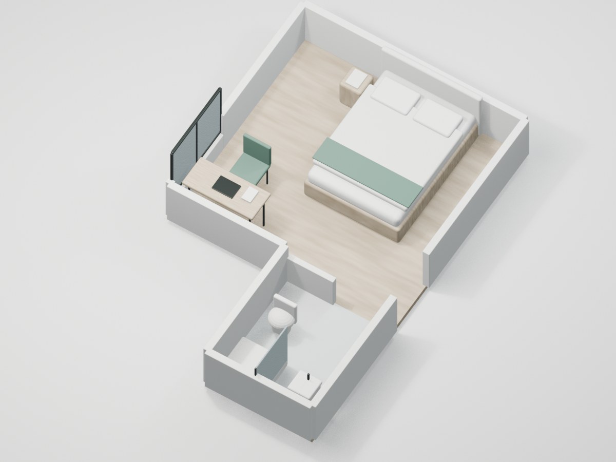 U1-F3-01 proportional 3D room illustration with illustrative furniture and finishes