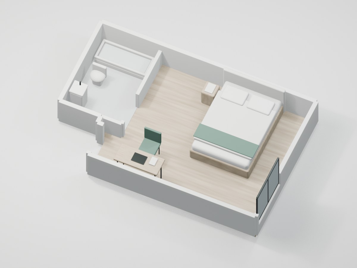 U1-F3-02 proportional 3D room illustration with illustrative furniture and finishes