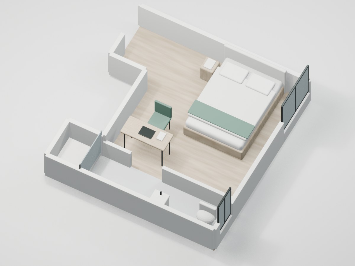 U1-F3-04 proportional 3D room illustration with illustrative furniture and finishes