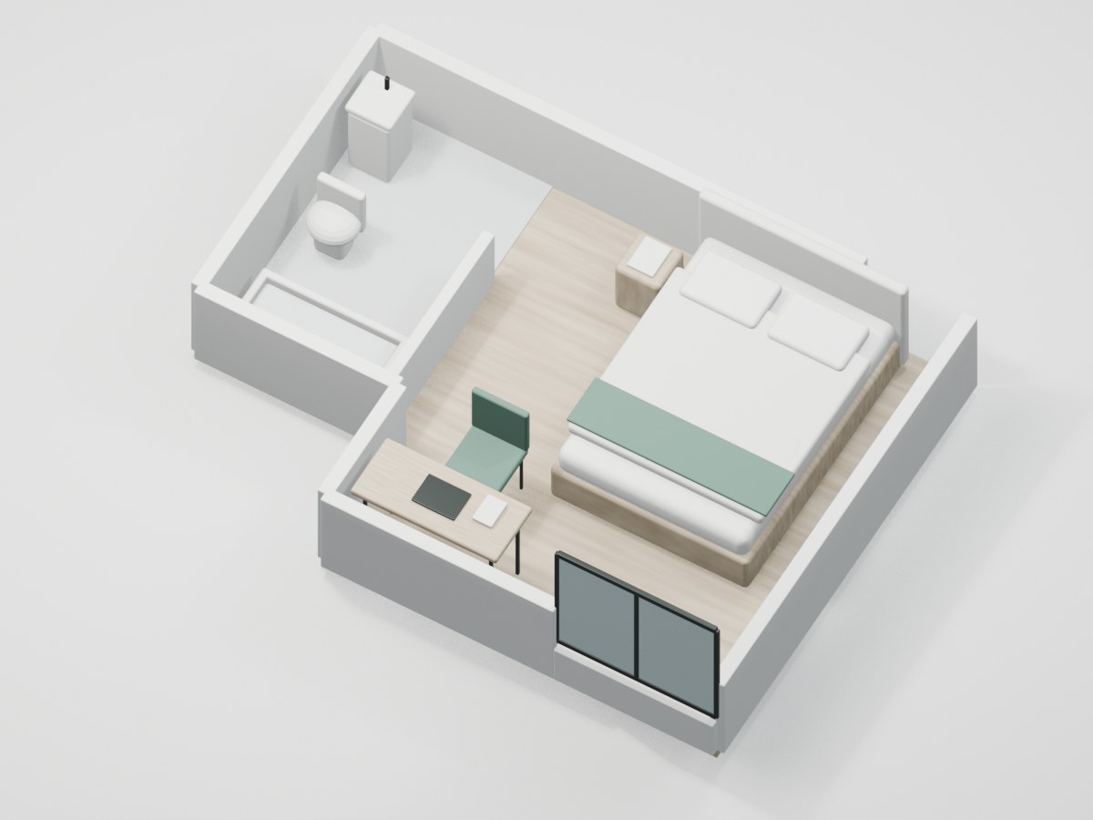 U1-F3-05 proportional 3D room illustration with illustrative furniture and finishes