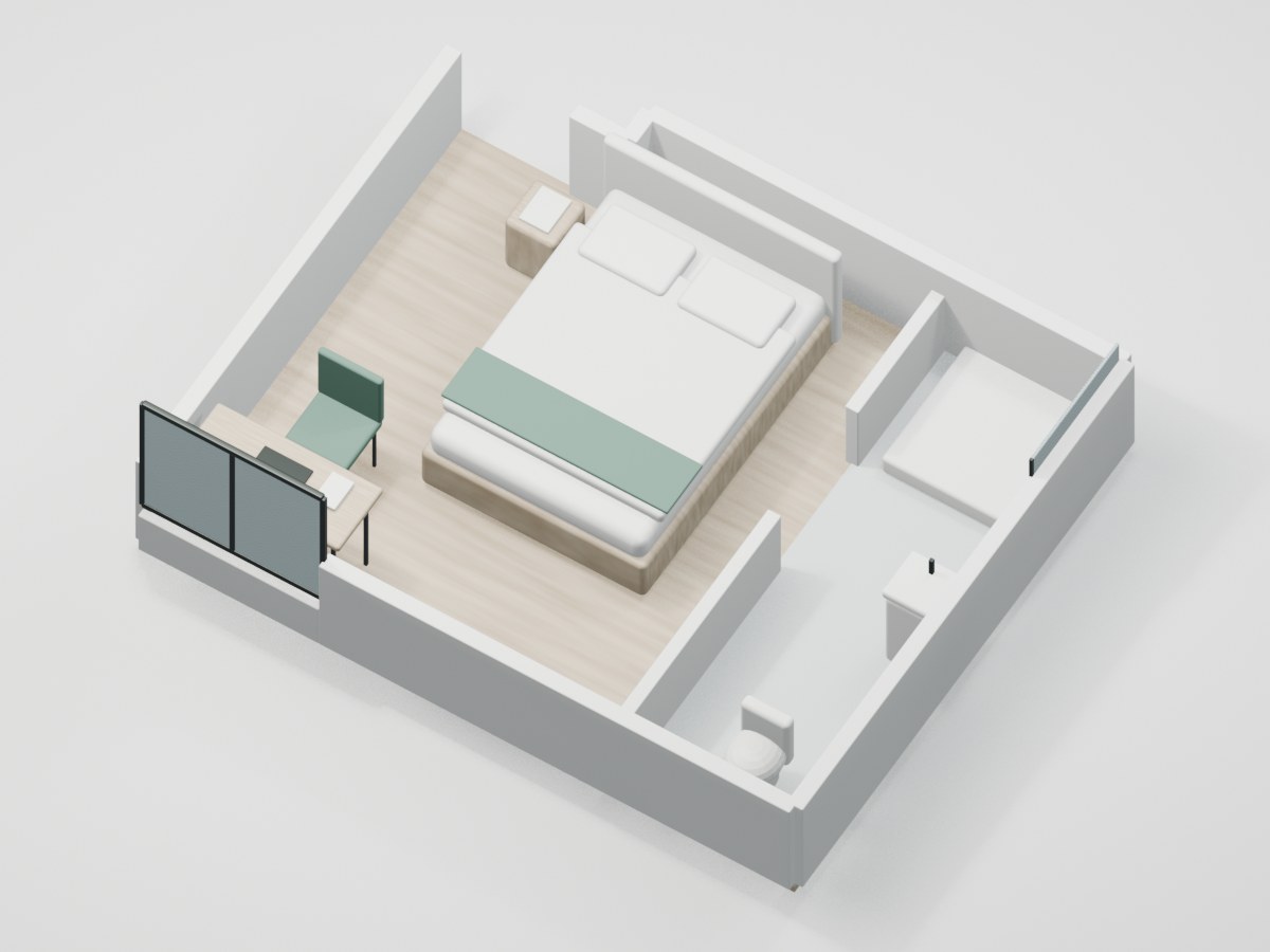 U1-F3-06 proportional 3D room illustration with illustrative furniture and finishes