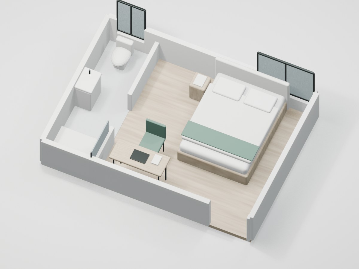 U2-F1-01 proportional 3D room illustration with illustrative furniture and finishes