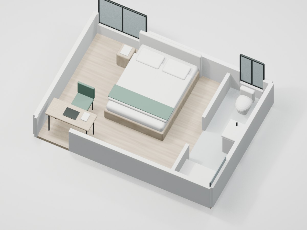 U2-F1-02 proportional 3D room illustration with illustrative furniture and finishes