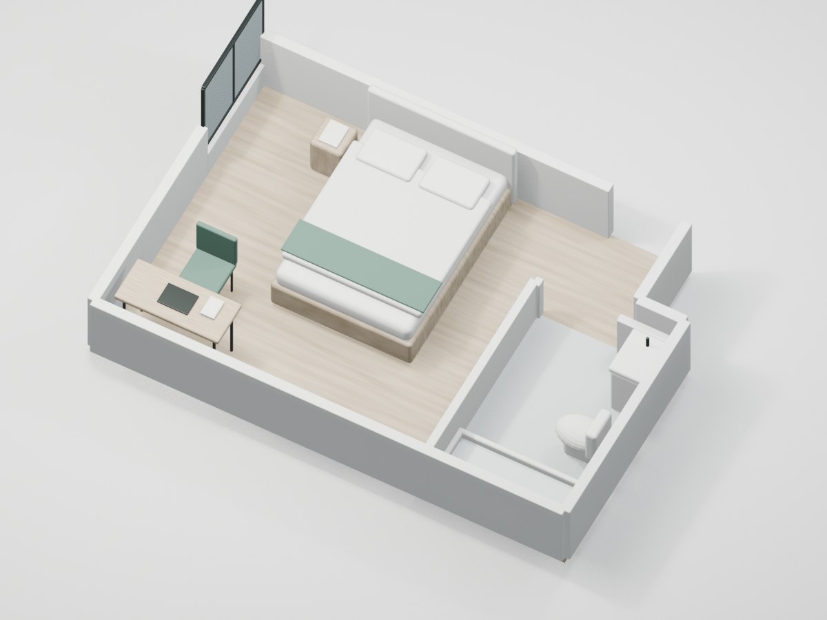 U2-F1-03 proportional 3D room illustration with illustrative furniture and finishes
