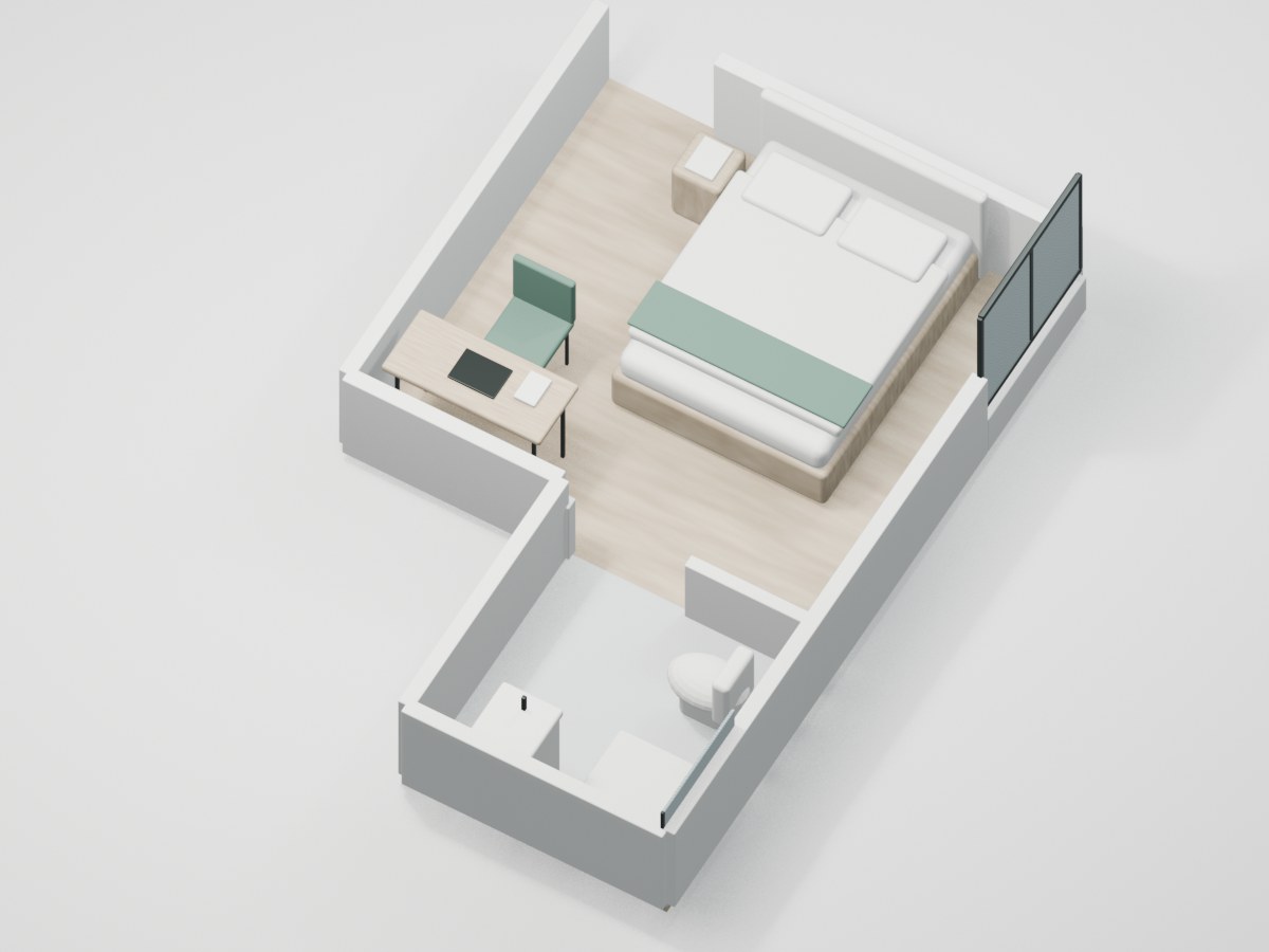 U2-F1-04 proportional 3D room illustration with illustrative furniture and finishes