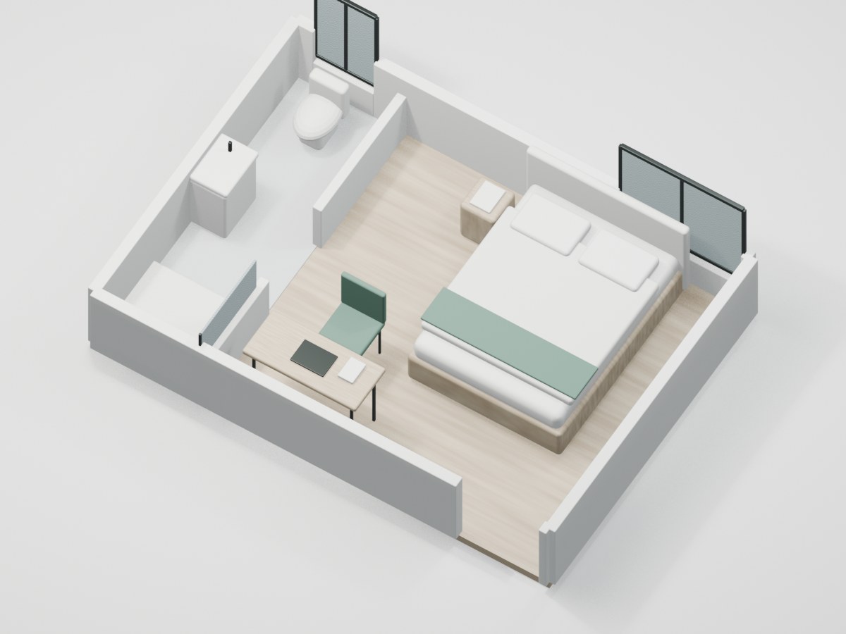 U2-F2-01 proportional 3D room illustration with illustrative furniture and finishes