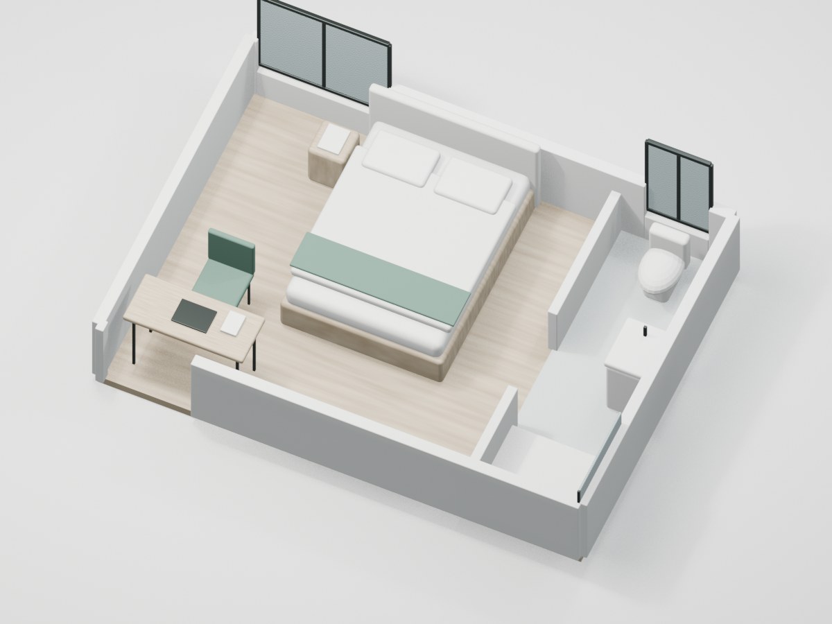 U2-F2-02 proportional 3D room illustration with illustrative furniture and finishes