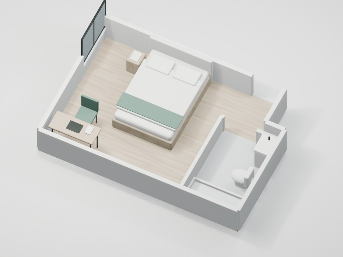 U2-F2-03 proportional 3D room illustration with illustrative furniture and finishes