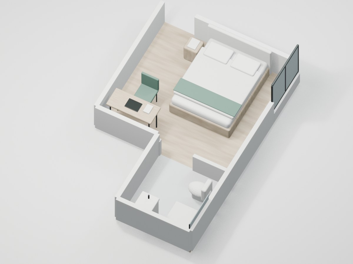 U2-F2-04 proportional 3D room illustration with illustrative furniture and finishes