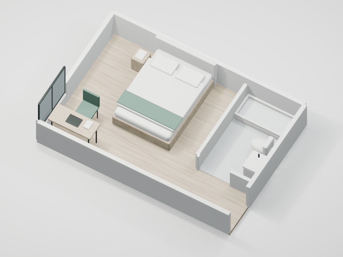 U2-F2-05 proportional 3D room illustration with illustrative furniture and finishes