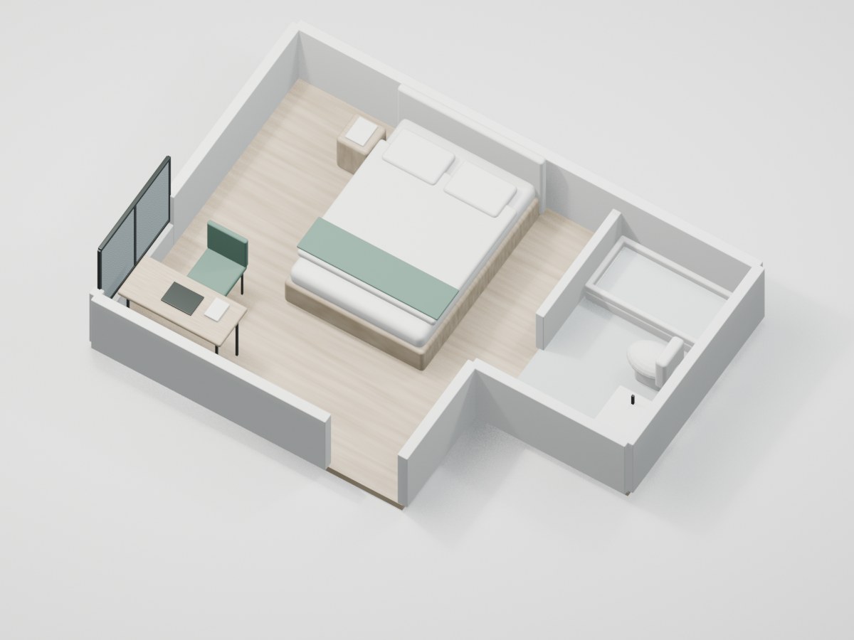U2-F2-06 proportional 3D room illustration with illustrative furniture and finishes