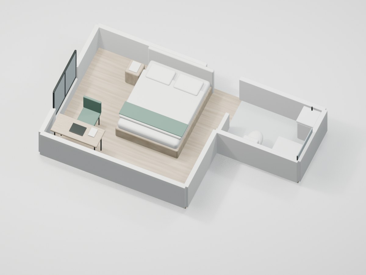 U2-F2-07 proportional 3D room illustration with illustrative furniture and finishes