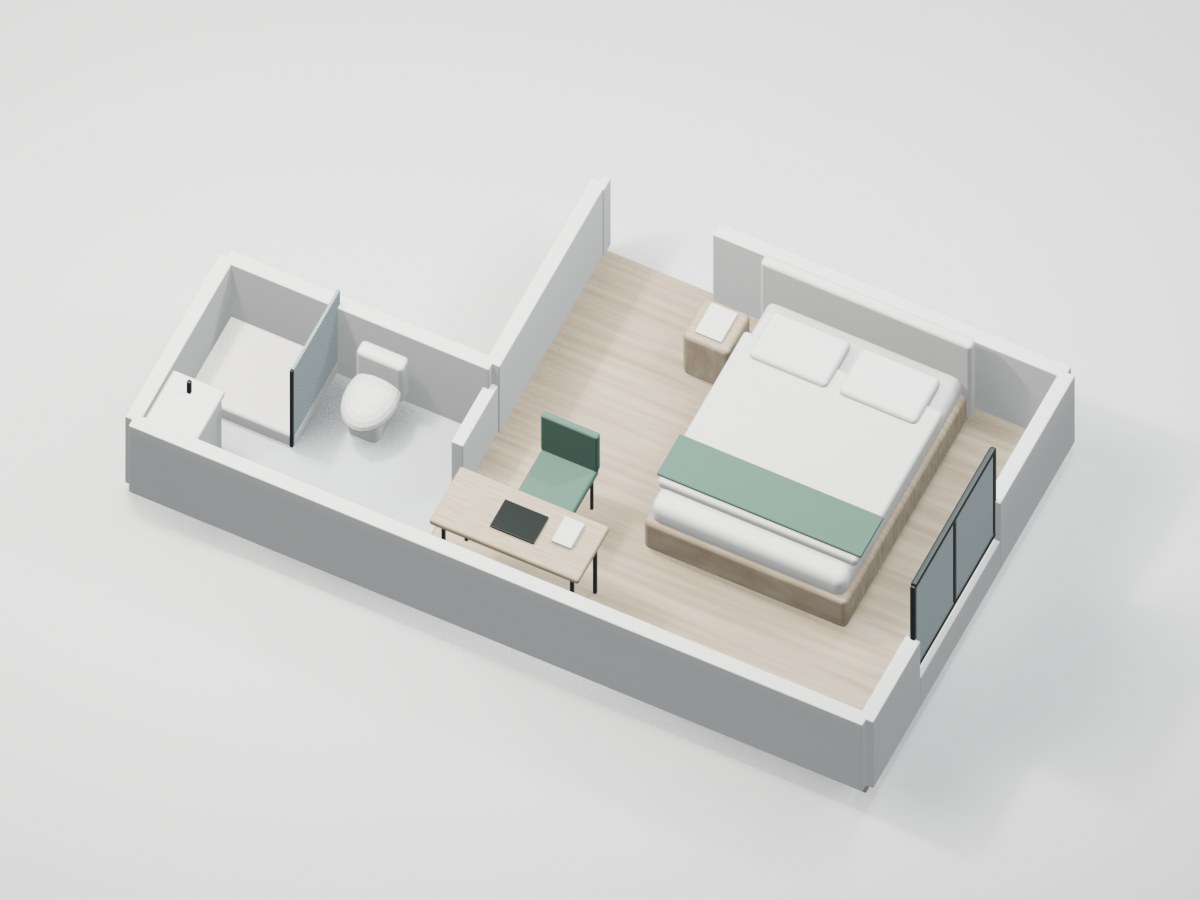 U2-F2-08 proportional 3D room illustration with illustrative furniture and finishes