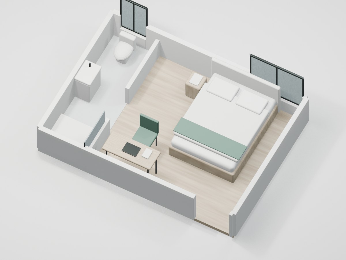 U2-F3-01 proportional 3D room illustration with illustrative furniture and finishes