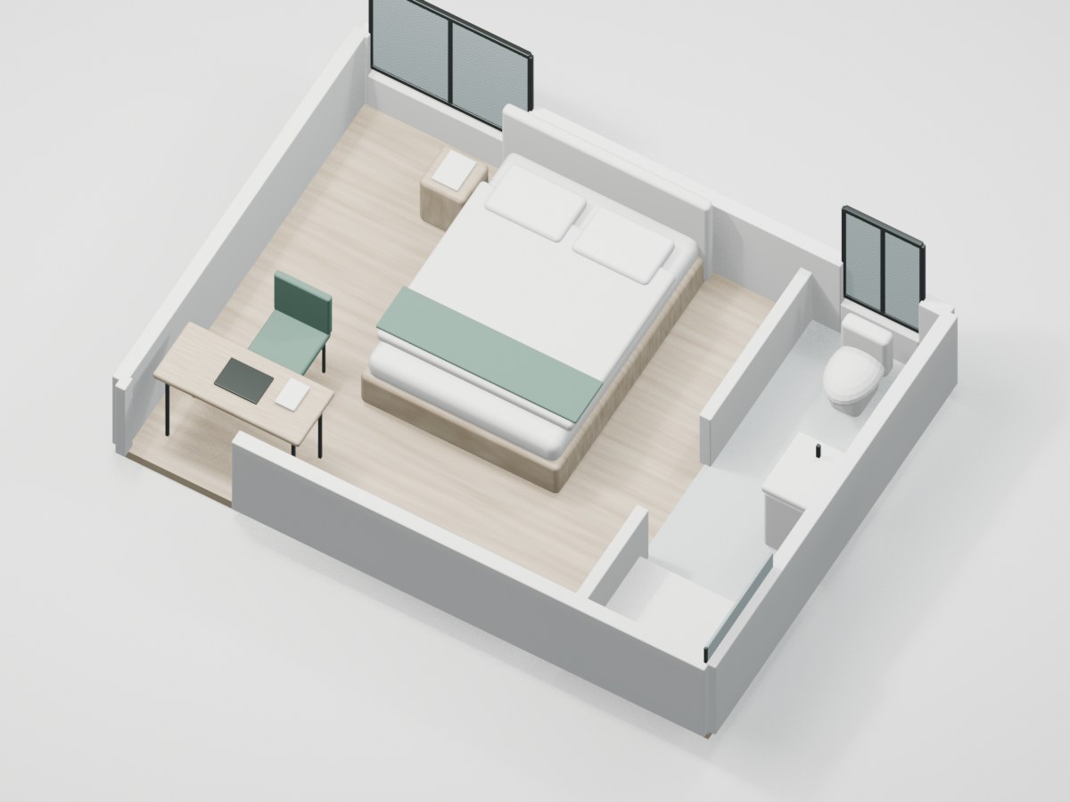 U2-F3-02 proportional 3D room illustration with illustrative furniture and finishes