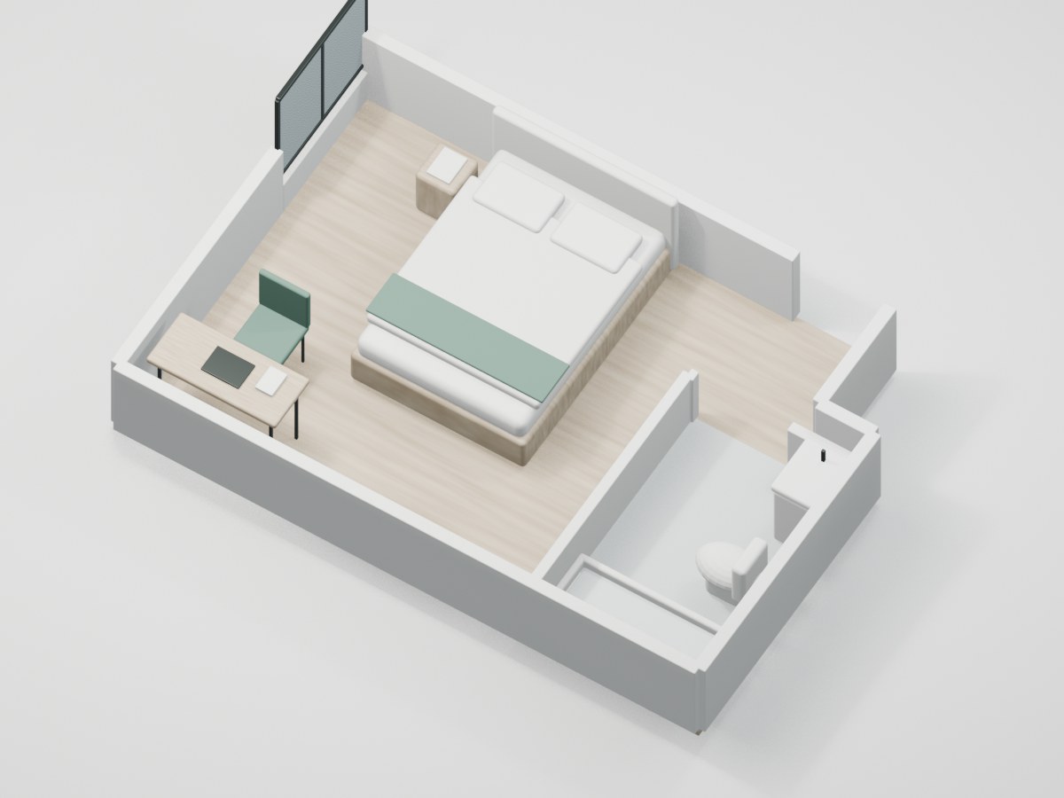 U2-F3-03 proportional 3D room illustration with illustrative furniture and finishes