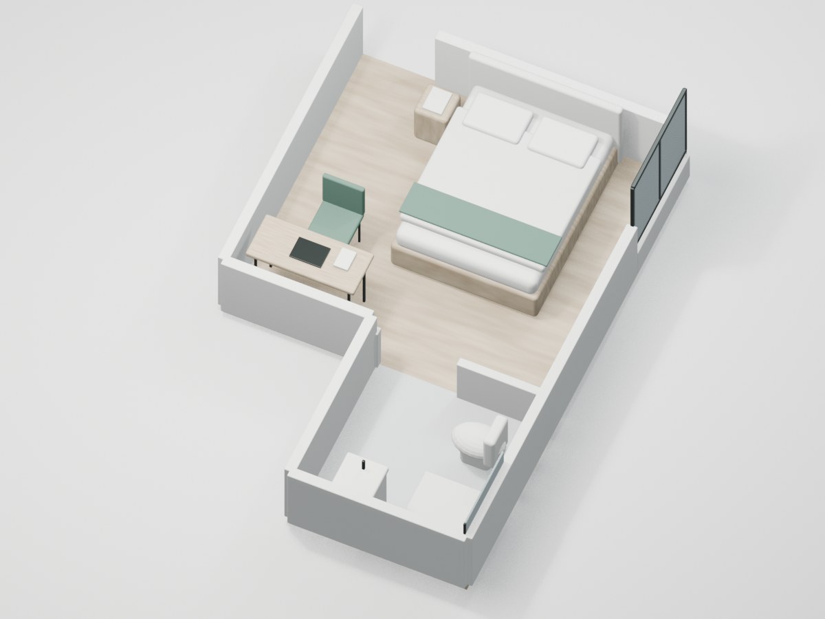 U2-F3-04 proportional 3D room illustration with illustrative furniture and finishes