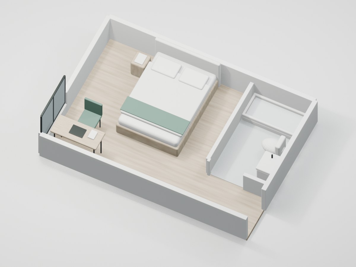 U2-F3-05 proportional 3D room illustration with illustrative furniture and finishes