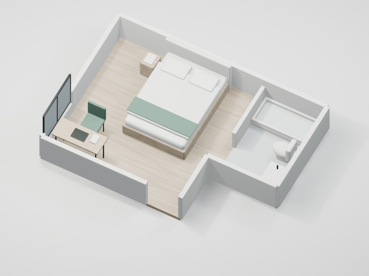 U2-F3-06 proportional 3D room illustration with illustrative furniture and finishes