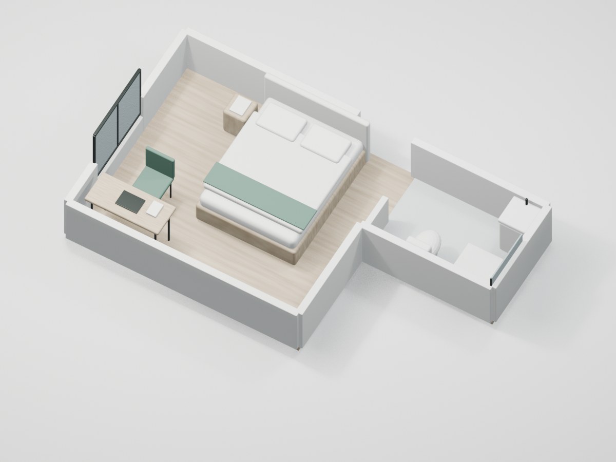 U2-F3-07 proportional 3D room illustration with illustrative furniture and finishes