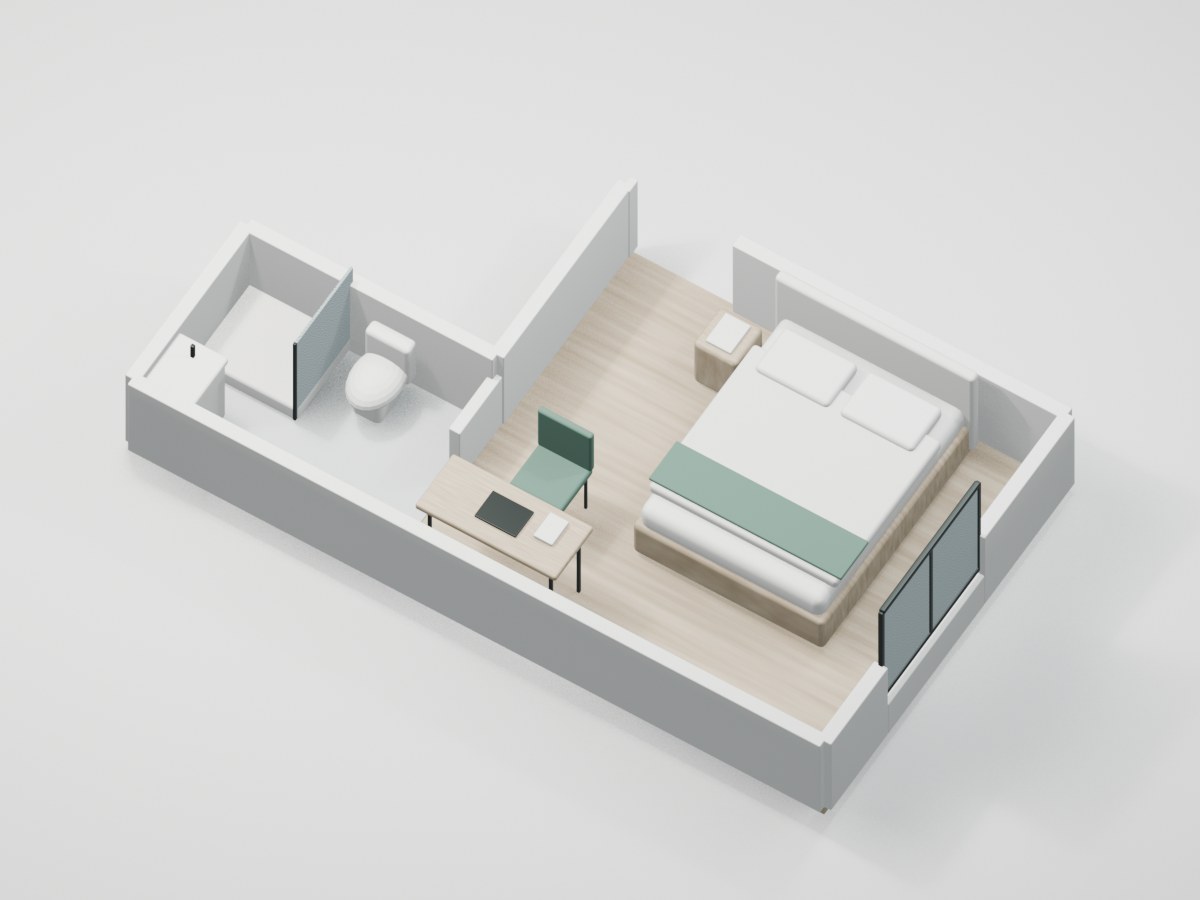 U2-F3-08 proportional 3D room illustration with illustrative furniture and finishes